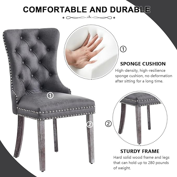 Kiztir Leather Dining Chairs Set of 2, Upholstered Dining Chair with Nailhead Trim and Solid Wood Legs, Luxury Wingback Dining Side Chair for Living Room, Bedroom, Kitchen (Grey)