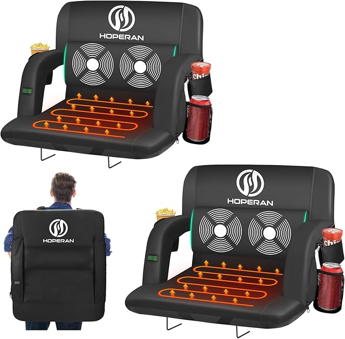 HOPERAN Massage Heated Stadium Seats for Bleachers with Back Support & Lumbar Pillow, 3 Level Heating & 6 Modes Massage Portable Heated Stadium Chairs for Bleachers