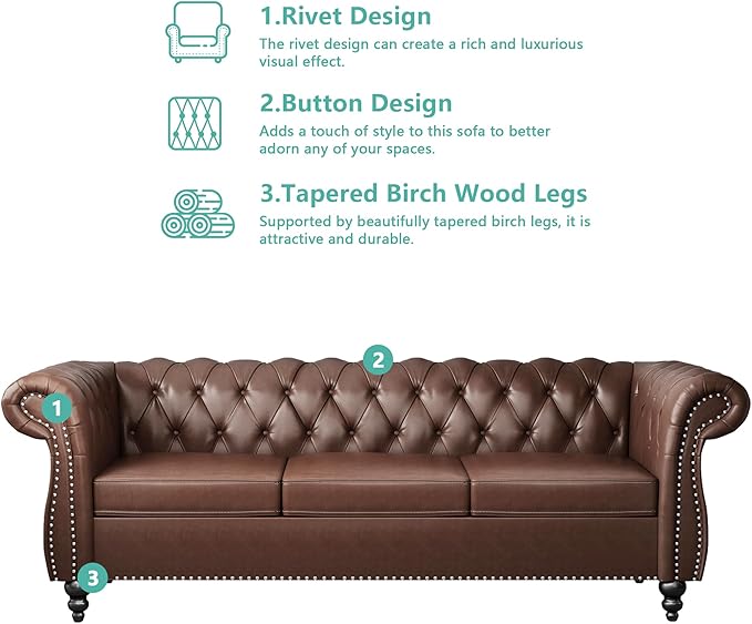 QHITTY Accent Large Sofa, Chesterfield Couch 3 Seater Modern Leather Couch Upholstered Sofa with Tufted Back for Living Room Furniture (Dark Brown)