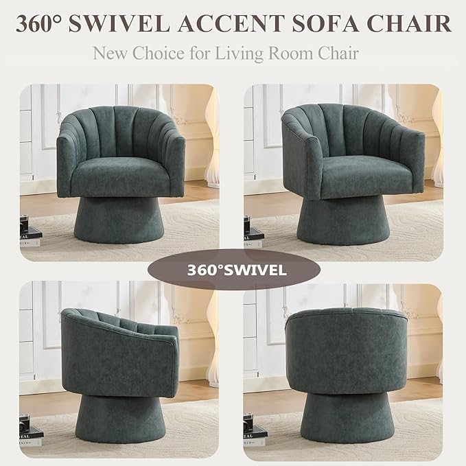 Swivel Accent Chair Set of 2,Faux Leather 360°Swivel Barrel Chair Upholstered Modern Living Room Chair, Overstuffed Reading Armchair for Bedroom,Vanity,Office-Navy