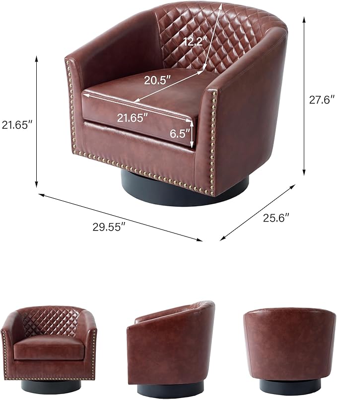 DREAMSIDEA Swivel Barrel Accent Chair, Comfy Modern Upholstered Round Faux Leather Arm Chair for Living Room, Bedroom（Red Brown, Set of 2