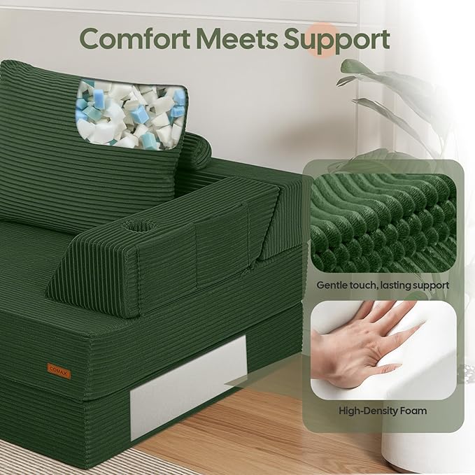 COMAX Folding Sofa Bed, Foldable Couch for Bedroom, Corduroy Convertible Floor Sleeper Futon Chair Foam, 3 in 1 Fold Out Chair Portable Comfy Lounge Couch Single Sofa Bed for Small Space Guest Room