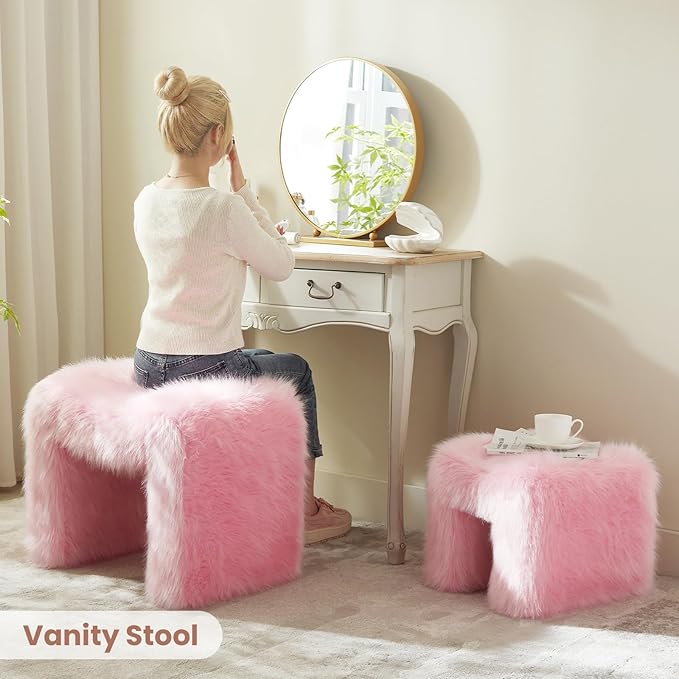 Ottoman Set of 2 Small Footstool Ottoman Vanity Stool Chair Faux Fur Seating Backless Modern Foot Rest Furry for Makeup Room Living Room Bedroom Entryway,Pink(2-in-1)