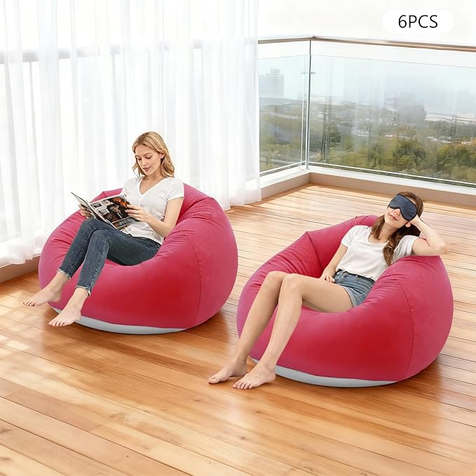 DYRABREST 6 Pcs Bean Bag Chairs for Adults, Inflatable Chairs with Foot Pump, Red Folding Blow Up Couch, Flocking Portable Lazy Sofa for Movie Night, Living Room, Camping, 220lbs Load Capacity
