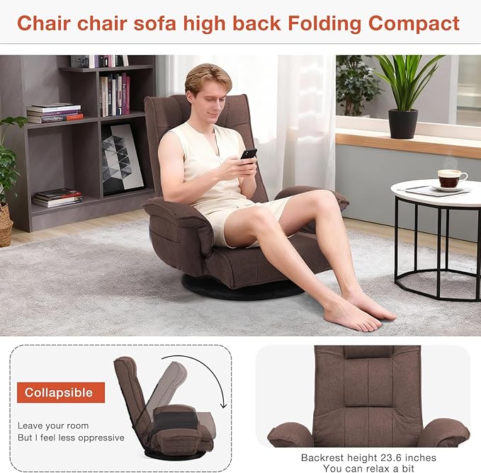 Ergonomic Swivel Floor Gaming Chair with Armrests & Side Pockets, 6-Position Reclining Sofa Bed, Foldable Padded Lounger with Thick Cushion & Lumbar Support for Esports, Reading, TV Watching (Brown)