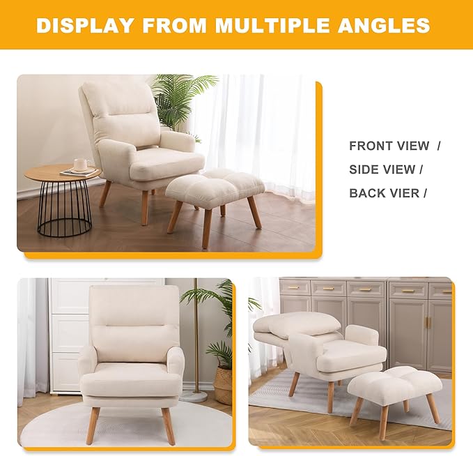 KGOPK Accent Chair with Ottoman,Comfy Armchair with Adjustable Backrest,Fabric Lounge Chair Single Sofa for Living Room,Bedroom,Office,Beige