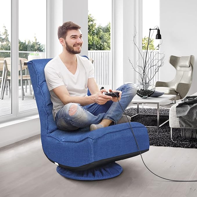 Giantex 360 Degree Swivel Gaming Chair, 6 Position Adjustable Folding Floor Chair, 300lb Spring Support, Comfortable Padded Backrest, Lazy Sofa Chair Game Rocker for Teens Adults (Navy Blue)