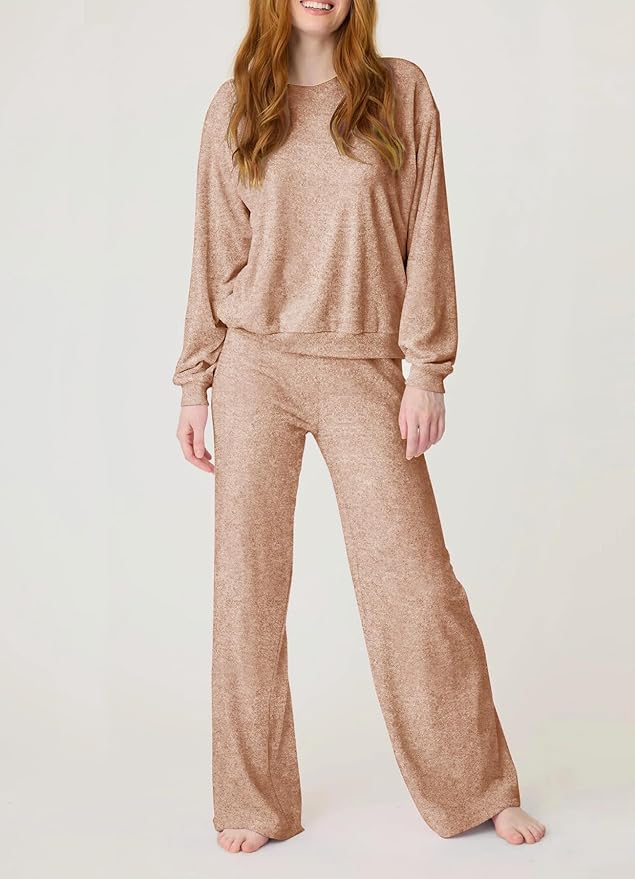 Aamikast Women's 2-Piece Lounge Set Soft Brushed Jersey Sleepwear Pajamas Set Long Sleeve Top & Wide Leg Pants