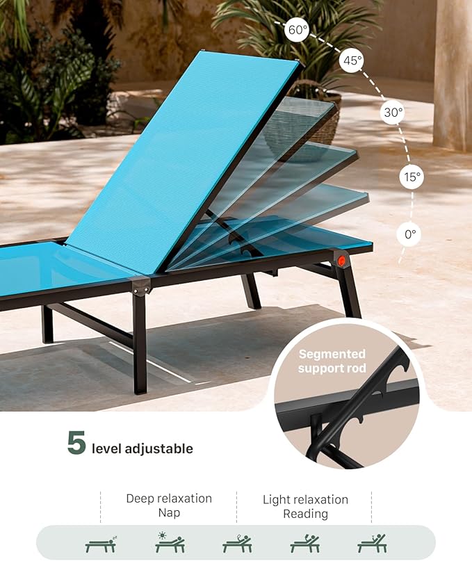 Aluminum Chaise Foldable Patio Lounge Chair Outdoor, Metal Deck Lounger Adjustable 5-Position Recliner Pool Chase Breathable Full Flat Outside Sun Tanning Chairs for Beach/Poolside/Lawn(Blue, 2 Pack)