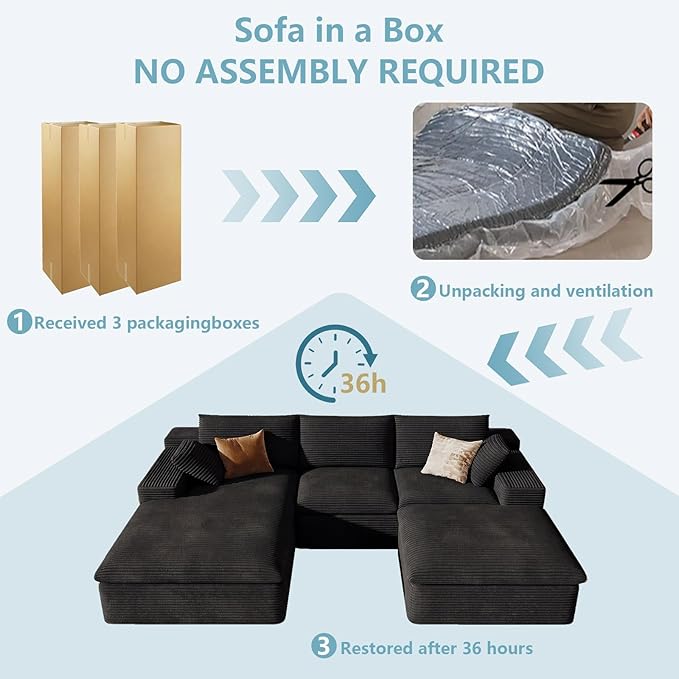 107" Cloud Sectional Couch with U-Shaped Chaise,Corduroy Viral Boneless Sofa with Ottoman,Memory Foam Couches in a Box with Deep Seat for Living Room,No Assembly Required (Black,Left-Facing Chaise)