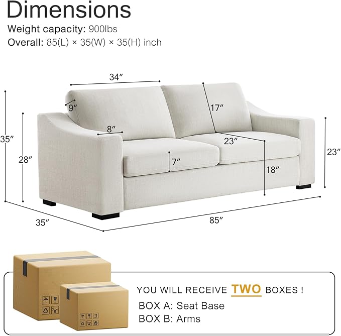 ELUCHANG 85" Modern Sofa Couches for Living Room, 3 Seater Natural Linen Sofa with Extra Deep Seats, Upholstered Cushion&Detachable Cover, Comfy Couch for Small Space, Apartment, White, 2PC