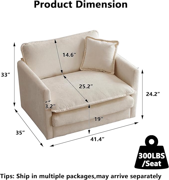 Aoowow Single Deep Seat Sofa Comfy Chenille Couch,Modern Upholstered Accent Armchair with Pillow for Living Room Bedroom Apartment(Light Coffee)