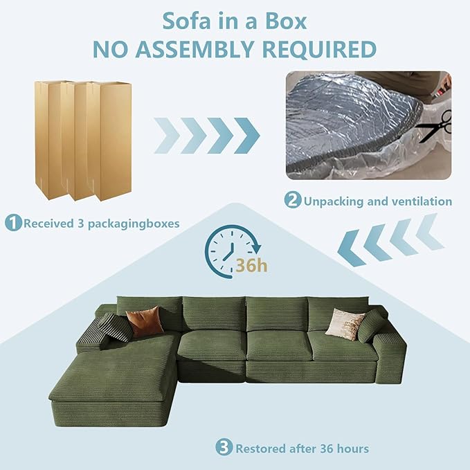 136" Cloud Sectional Couch with L-Shape Chaise, Modern Corduroy Viral Boneless Sofa for Living Room,Memory Foam Couches in a Box with Deep Seat,No Assembly Required (Green,Left-Facing Chaise)