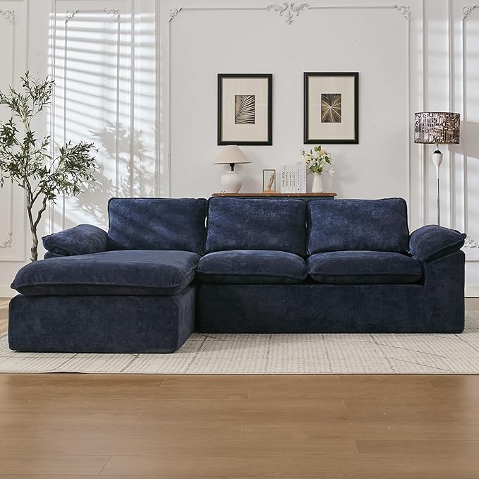 YAAREE 105.6”L Shape Modular Sectional Couch for Living Room, Modern Cloud Sectional 3 Seat Sofa with Oversized Chaise, Woven Texture Upholstery Boneless Couch (Blue, Left Facing Chaise)