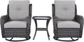 Rilyson Wicker Rocking Chair Swivel Chairs - 3 Piece Rocker Patio Furniture Set Rattan Rocking Bistro Sets with Glass Top Side Table for Outdoor Porch Deck Garden Backyard (Brown/Grey)
