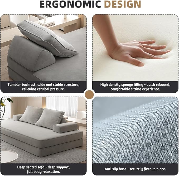 Convertible Sleeper Sofa Bed Floor Sofa,86.6" King Size Folding Mattress Couch with Pillow,Upholstered Boneless Cloud Couch for Apartment Living Room Bedroom (Light Gray)