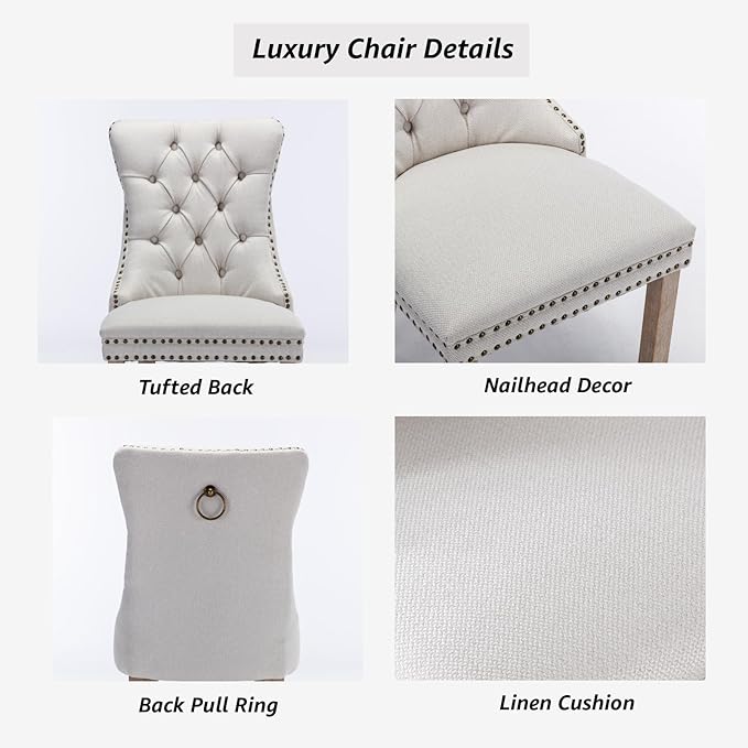 YeahFurn Beige Mid Century Modern Dining Chairs Set of 2, Linen Upholstered Kitchen & Dining Room Chairs with Nailhead Trim & Solid Wood Legs, Elegant Sillas De Comedor (Beige, 2 Pcs)