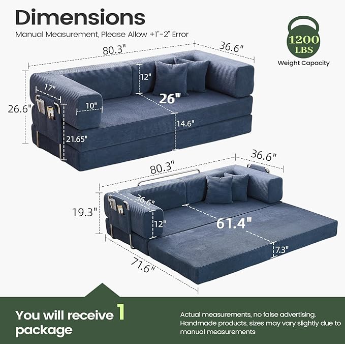 Multi-functionalcorduroy Sofa Bed, Crafted from Corduroy Fabric, is Ideal for Apartments and Living Rooms. Sleeper Sofa Couch Folding futon or Foldable Floor Convertible Floor Studio | Multi-functional