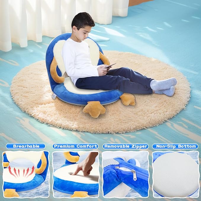 Floor Chair for Kids, Penguin Floor Seating with Back Support 5 Adjustable Position Ideal for Reading Gaming Meditating Yoga, Kids Chair for Daycare Preschool Classroom (Blue)