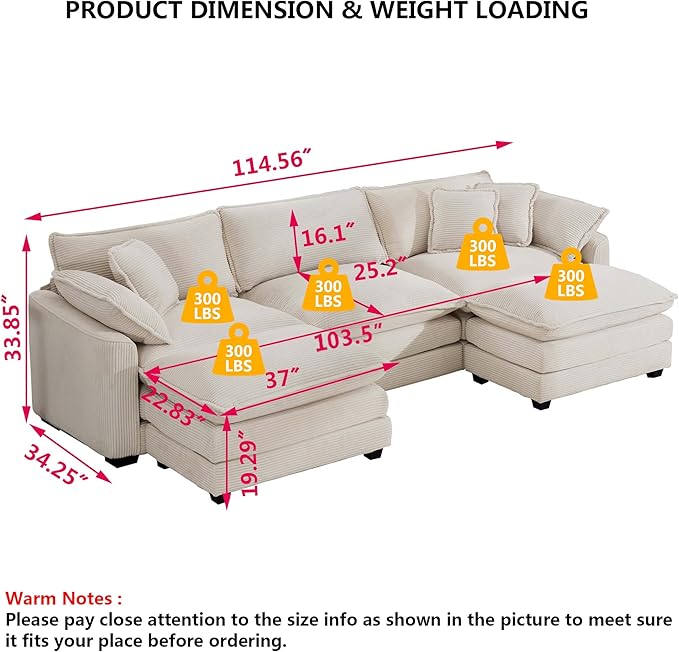 Aoowow Corduroy 3 Seater Couch with Ottomans,Modern Large Cloud Couches for Living Room,U Shaped Modular Sectional Cloud Sofas Deep Seat,U Shape Oversized Tufted Sofa Set(Beige, 3 Seater + 2 Ottoman)