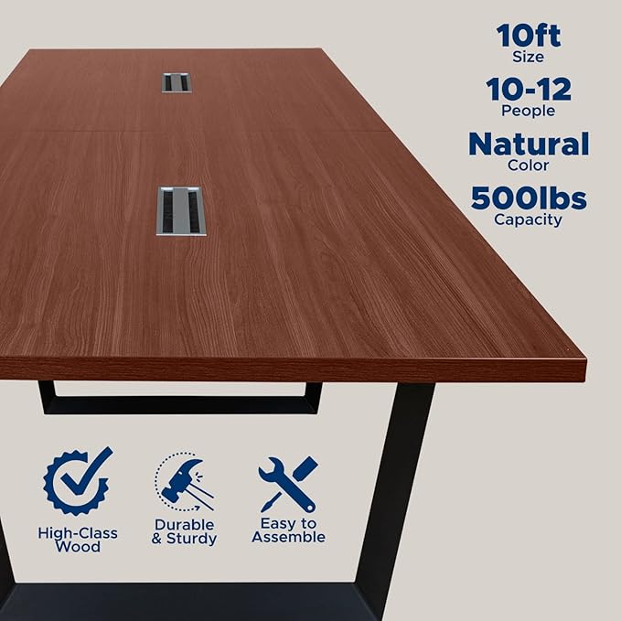 ahliss Sturdy Conference Table with Cable Management Grommets Modern Rectangle Office Meeting Table with Wood Tabletop and Metal Frame & Legs- Easy Assembly Boardroom Table (Mahogany, 10 Foot)