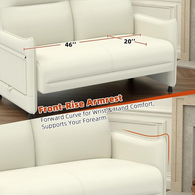 Faux Leather Loveseat, Upholstered Loveseat with Hidden Foldable Tray & Side Pocket, Front Contour Arm Design, Modern 2-Seater Sofa Couch for Compact Spaces, Beige