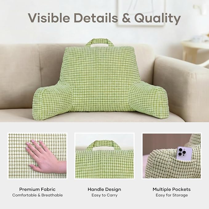 NOONTIDE Reading Pillow with Top Handle,Uniquely Designed Soft Fabric, Ergonomic Back Support for Bed,Cover Washable Sit up Pillow,Watching TV/Gaming/Relaxing(Green)