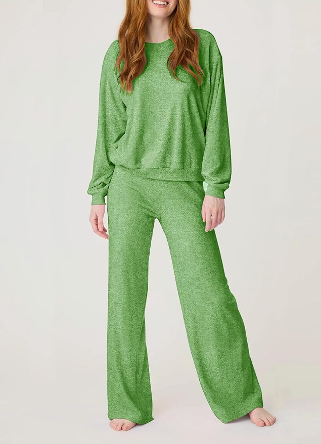 Aamikast Women's 2-Piece Lounge Set Soft Brushed Jersey Sleepwear Pajamas Set Long Sleeve Top & Wide Leg Pants
