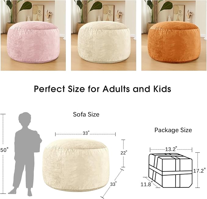 Bean Bag Chairs for Adults - Memory Foam Furniture BeanBag Chair - Kids/Teens Sofa with Soft Micro Fiber Cover - Round Fluffy Couch for Living Room Bedroom College Dorm - 3 ft, Ivory