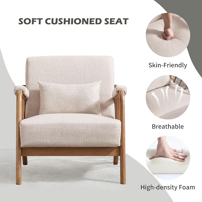 INZOY Mid Century Modern Accent Chair with Wood Frame, Upholstered Reading Armchair with Soft Linen Fabric, Accent Chair for Living Room Bedroom Apartment, Easy Assembly, Beige