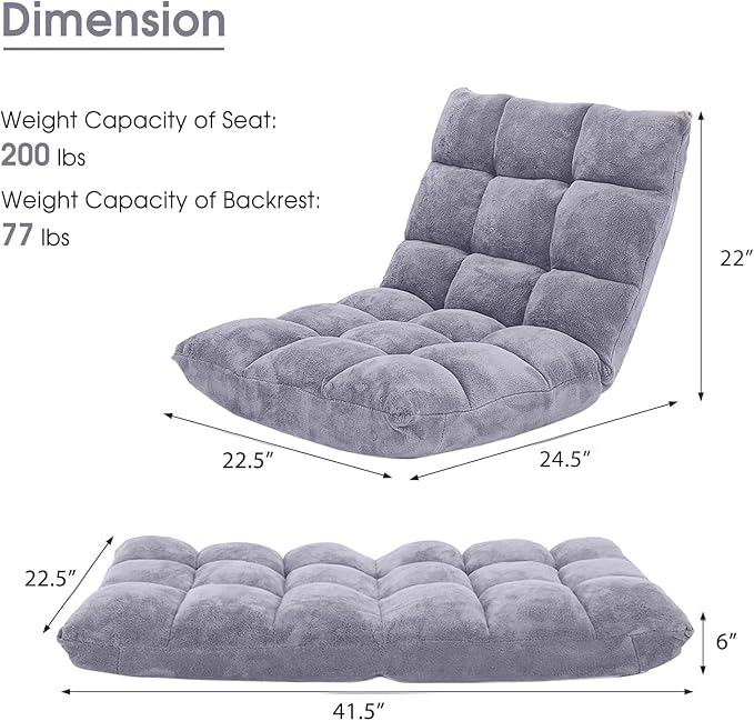 GOFLAME 14-Position Folding Floor Chair, Padded Gaming Lazy Sofa Chair with Adjustable Backrest, Couch Recliner, Sleeper Bed Lounge Chair for Reading, Gaming, Meditating (Grey)