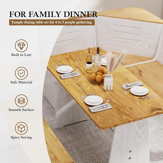 Breakfast Nook Dining Table Set – L-Shaped Kitchen Nook Booth with Bench Seating, Farmhouse Corner Dining Table for Small Spaces, White Wood Dining Room Nook Furniture