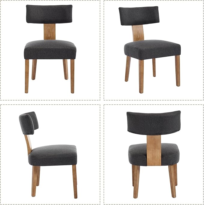 KHISCHMO Mid Century Modern Dining Chairs, Upholstered Linen Fabric Chairs with Curved Backrest and Wood Legs, Comfy Kitchen Vanity Chairs for Dining Room/Living Room/Kitchen, Set of 6 Grey