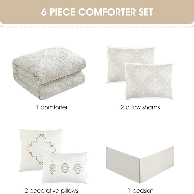 Grand Avenue 6 Piece Cotton White Comforter Set, California King Size Jacquard Bedding Set, All Season Geometric Bedding, Matching Pillows, Shams, Bed Skirt