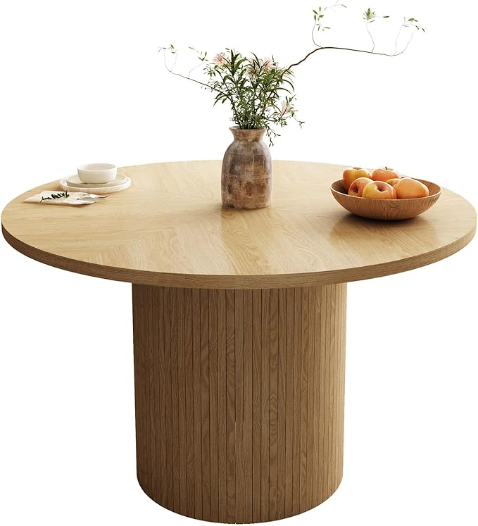 47 Inch Round Dining Table, Farmhouse Fluted Dining Kitchen Table, Modern Wood Small Circle Dining Table for Kitchen Living Room, Natural
