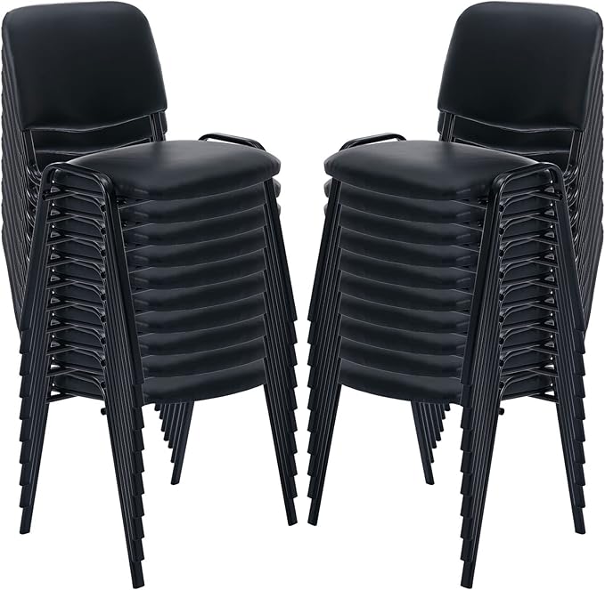 Black Stackable Office Chairs no Arms Set of 20, PU Leather Reception Chairs Ergonomic Conference Desk Chairs Guest Chairs for Waiting Room/Meeting/Events/Hall/Training Room