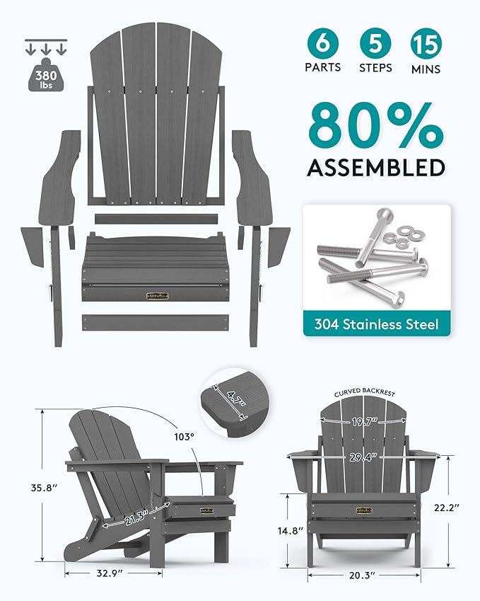 SERWALL Foldable Adirondack Chair Set of 4 for Patio Garden Outdoors Fire Pit-Gray