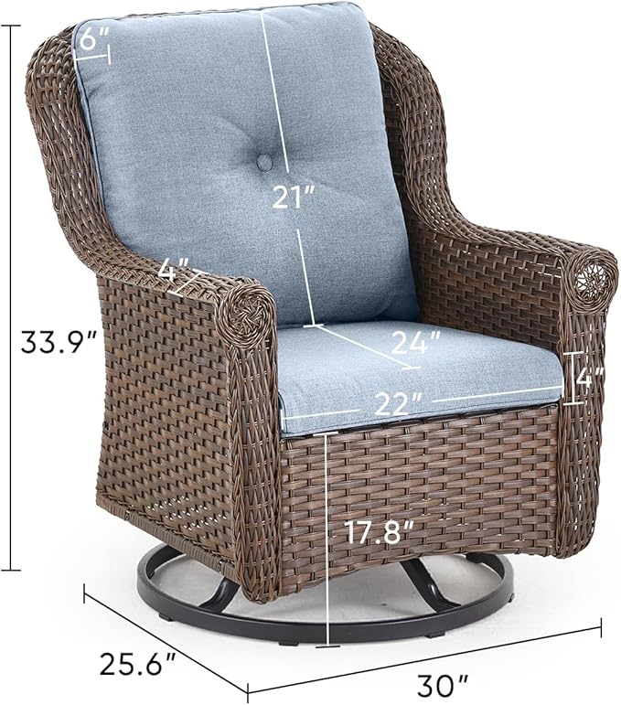 ACTREST Patio Chairs Outdoor Swivel Glider - Set of 2 High Back Outside Brown Wicker Rattan Rocking Chair with Thick Cushion for Porch Apartment Deck Yard Poolside Garden - Baby Blue