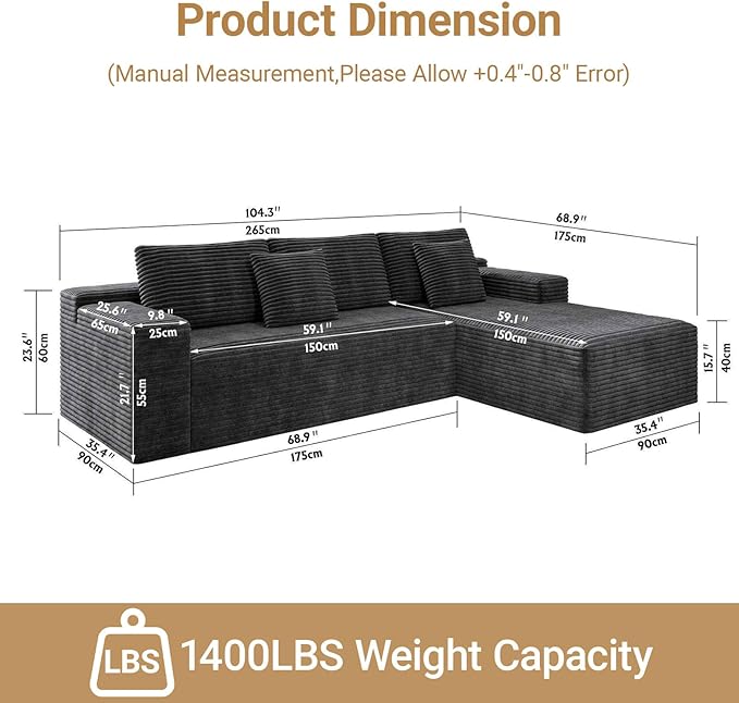 KAPEETOO Modular Sectional Sofa Cloud Couch for Living Room, Right L Shaped Boneless Couch with Chaise Longue, Oversize 3-Seater Sectional Sleeper Sofa Set with Deep Seat Bedroom (Grey)