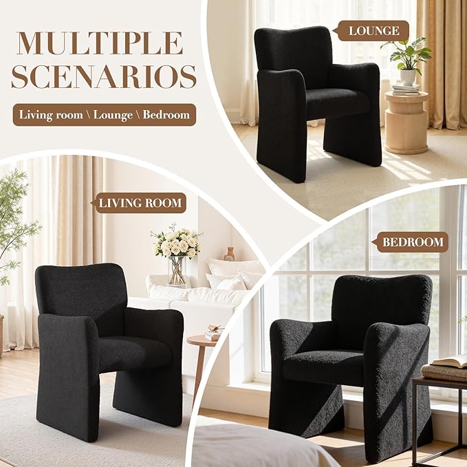 CIMOTA Boucle Dining Chairs Set of 4, Sherpa Upholstered Accent Chairs with Arms/Wood Legs, Comfortable Kitchen Chairs for Living/Reception/Dining Room, Black