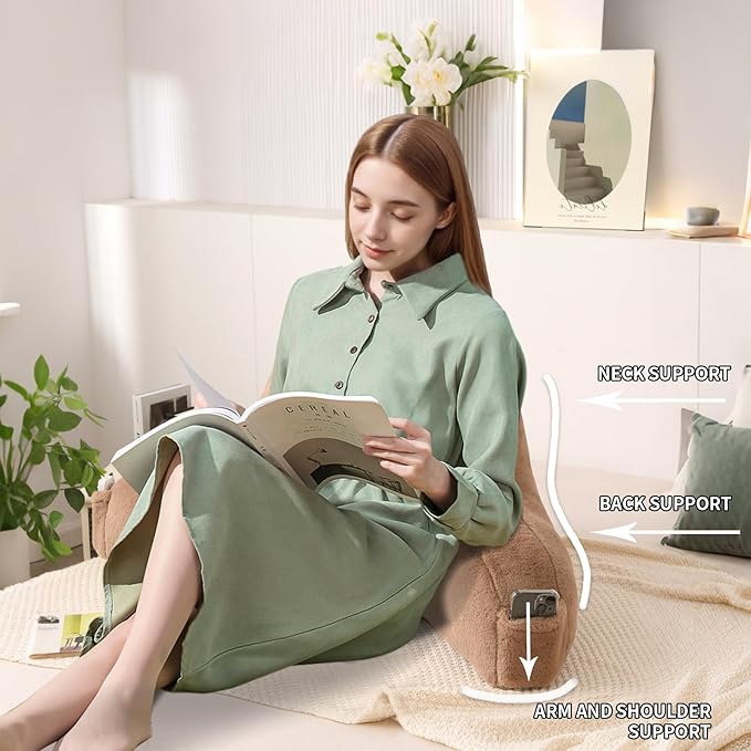 PAJEO Reading Pillow for Sitting in Bed, Large Backrest Reading Pillow with Arm Rest,Back-Rest Support Cushion for Sit Up on Couch, Sofa, and Floor, Dorm Essentials (Khaki Faux Fur, Standard(17"))