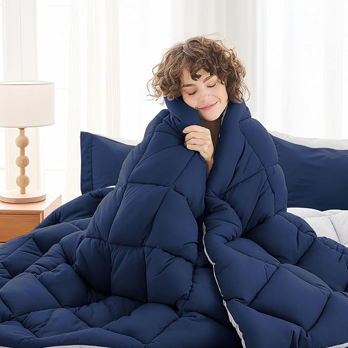 MUXHOMO 7 Pieces California King Comforter Set, Reversible Bed in a Bag Cal King Size, All Season Bedding Set with Comforter, Flat Sheet, Fitted Sheet, Pillowcases & Shams, Navy & Light Grey