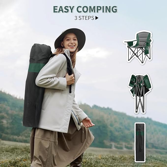 LANMOUNTAIN 2 Pack Padded Oversized Camping Chairs for Adults,Heavy Duty Support 400 Lbs,Folding Portable Lawn Chair w/Cup Holder,Cooler Bag,Side Pocket,Perfect for Outdoor Picnic,Hiking(Black&Green)