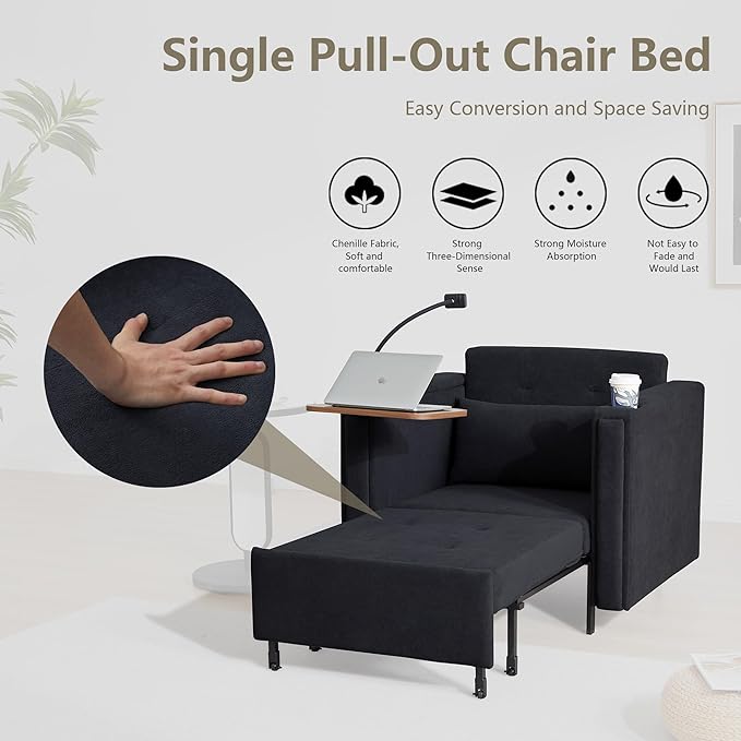ORRD Pull Out Sofa Chair Bed, 2-in-1 Multi-Functional Sleeper Couch Small Loveseat Bed with Hidden Side Table, Phone Holder and Cup Holder for Living Room, Small Space, Apartment (Black)