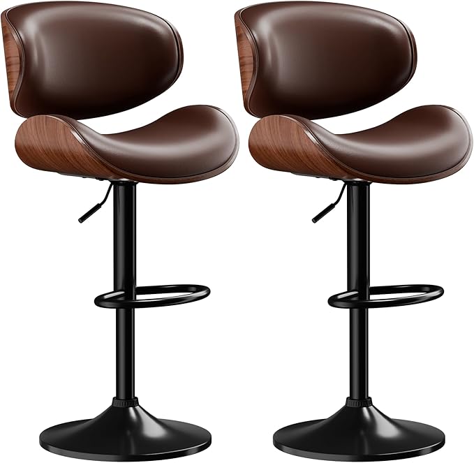 Aowos Bar Stools Set of 2, Adjustable Swivel Leather Bar Stools for Kitchen Island, Mid Century Modern Counter Height Bar Chairs Barstools with Back & Footrest (Brown)