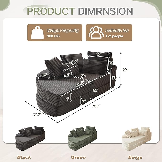 Antetek Chaise Lounge Chair Indoor, Convertible Folding Futon Sofa Bed w/ 5 Pillows, Fluffy Corduroy Boneless Compressed Memory Foam Couch for Living Room, Bedroom (Black, Left Half)