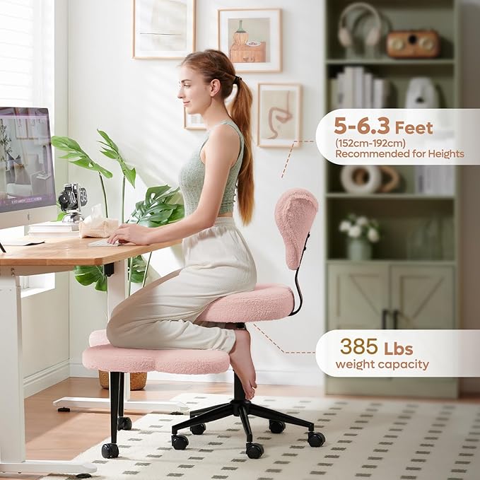Pinmoco Ergonomic Cross Legged Chair, 360° Swivel Meditation Chair with Wheels, Height Adjustable Seat for ADHD, Strong Lumbar Support, Chic Home Office Furniture, Teddy Fabric, Pink