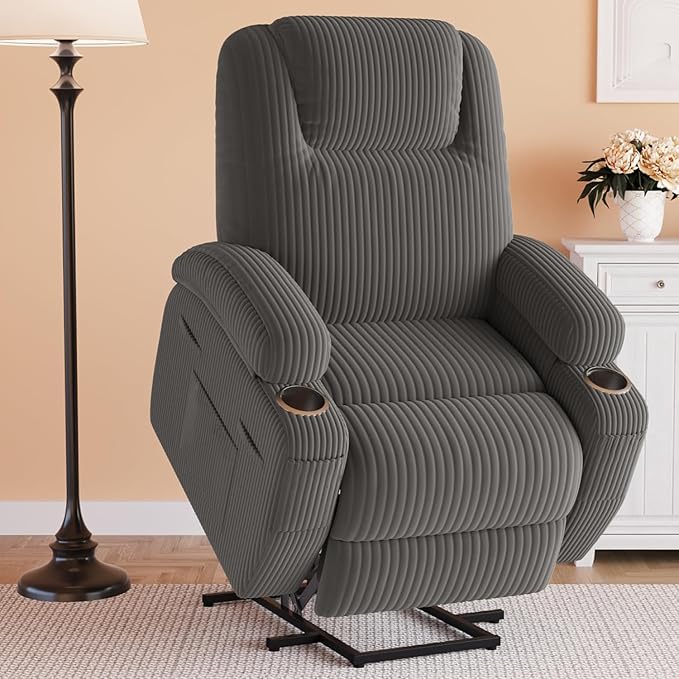 Flamaker Power Lift Chair Massage Recliner Chairs for Elderly, Corduroy Ergonomic Design with Cup Holders & Side Pockets, Remote Control (Dark Gray)
