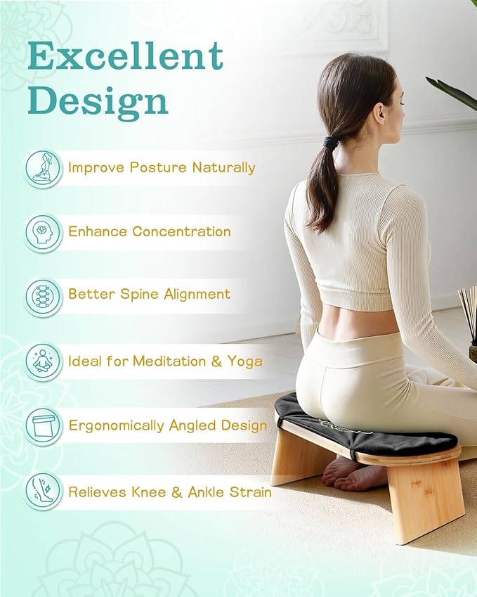 Hihealer Folding Bamboo Meditation Bench with Cushion & Carry Bag – Ergonomic Yoga and Prayer Stool for Comfort and Posture Support (Black)