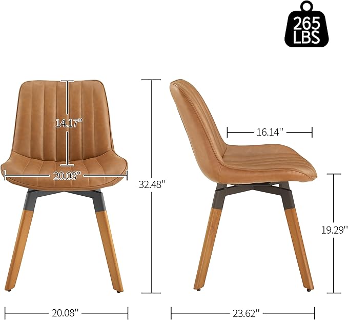 Art Leon Swivel Dining Chairs Set of 2, Mid Century Modern Kitchen Dining Room Chairs, Upholstered Faux Leather Armless Side Chair with Wood Legs for Living Room Bedroom, Red Brown